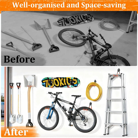 Before and after Heavy Duty Steel Garage Hooks 30 Pack With Anti Slip Coating For Bikes Ladders Garden Tools Hoses