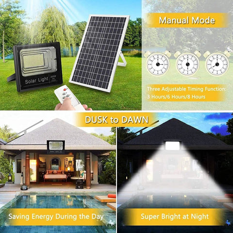 JUDYSSY Solar Led Flood Light Street, Ip65 Waterproof Outdoor Bright Security Lighting Lamp, Black-200W with solar panel.