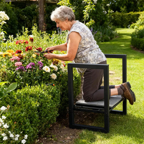 Senior woman using Heavy Duty Garden Kneeler And Seat 500 lb Capacity 2 In 1 Bench For Kneeling And Sitting Anti-Tip in garden