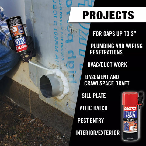 Person using Big Gaps Spray Foam Sealant That Expands To Fill And Insulate Up To Three Inches, 12 Fl Oz Can on external wall pipe.