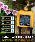 Smart WiFi Hose Timer For Garden Watering With Alexa Voice Control And Mobile App Hands Free Remote Scheduling And Manual Override Drip Irrigation Controller System With WiFi Hub, showing weather delay feature