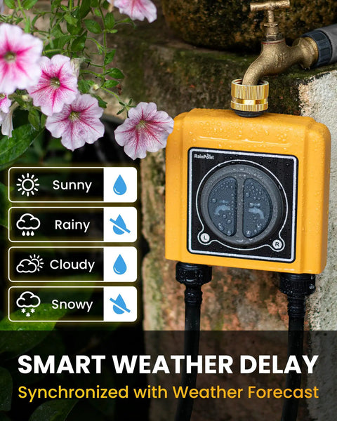 Smart WiFi Hose Timer For Garden Watering With Alexa Voice Control And Mobile App Hands Free Remote Scheduling And Manual Override Drip Irrigation Controller System With WiFi Hub, showing weather delay feature