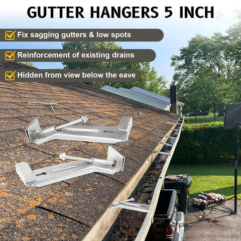 Five Inch Gutter Hangers Kit With Pre Installed Quick Screws Gutter Clips Hidden Bracket And One Quarter Inch Hex Drill Bit installed on roof