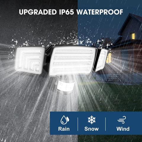 LED Security Lights With Motion Sensor Outdoor Flood Light 32W, 3200 Lumens, 192 LEDs in rain demonstrating IP65 waterproofing