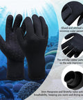3mm Neoprene Five Finger Waterproof Diving Gloves Warm And Dry Thermal Wetsuit Gloves With Grippy Anti Slip Grip For Kayaking, Snorkeling, Surfing And Other Water Sports For Men And Women, Black, Size Small with ocean background, close-up of GBS seams.