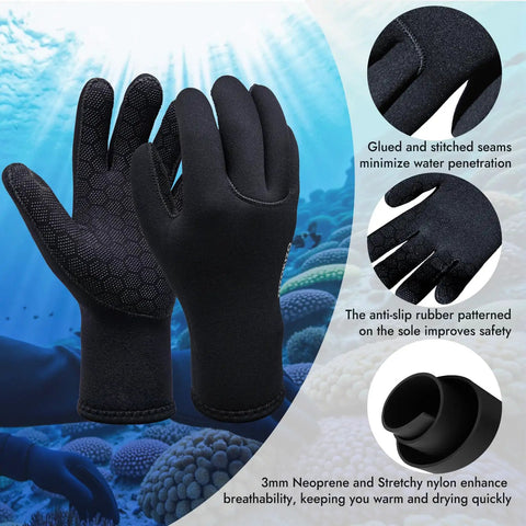 3mm Neoprene Five Finger Waterproof Diving Gloves Warm And Dry Thermal Wetsuit Gloves With Grippy Anti Slip Grip For Kayaking, Snorkeling, Surfing And Other Water Sports For Men And Women, Black, Size Small with ocean background, close-up of GBS seams.