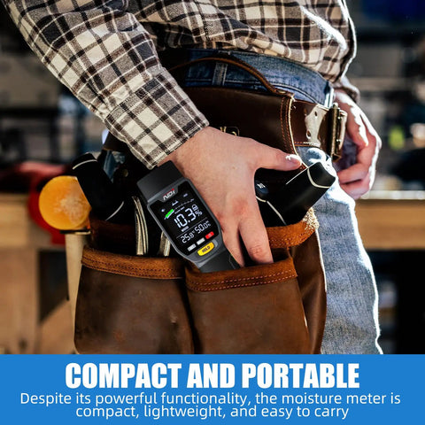 All In One Wood Moisture Meter And Digital Water Tester With Backlit LCD Display, Auto Alarm, Low Battery Indicator, Calibration And Hold Button For Wood Firewood Lumber And Floors, Measures Humidity And Temperature And Helps Detect Mold, portable in tool belt