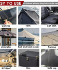 Collage showing all-purpose fabric repair tape used on canvas, tents, car seats, umbrellas, boat covers, awnings, RV roofs, boxes, and soft tops.