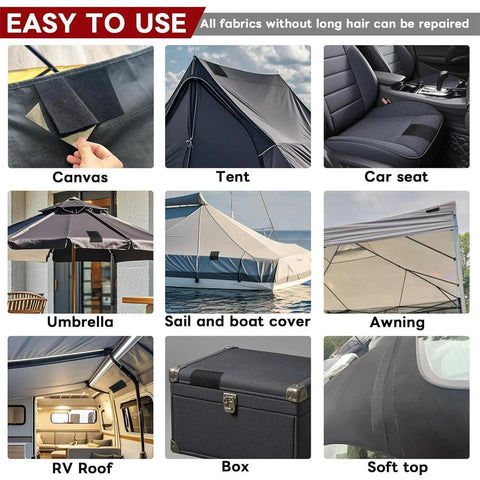 Collage showing all-purpose fabric repair tape used on canvas, tents, car seats, umbrellas, boat covers, awnings, RV roofs, boxes, and soft tops.