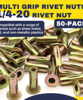 50 Pack 1/4-20 Multi-Grip Rivet Nuts Zinc Plated Steel Construction With Pre-Bulbed Shank Flat Head Threaded Insert Nut For Automobiles And Household Projects Terixe