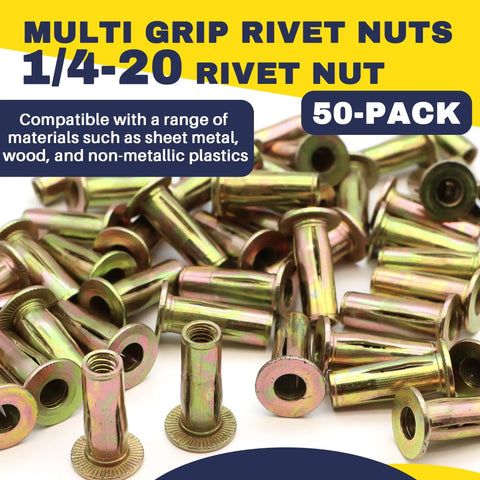 50 Pack 1/4-20 Multi-Grip Rivet Nuts Zinc Plated Steel Construction With Pre-Bulbed Shank Flat Head Threaded Insert Nut For Automobiles And Household Projects Terixe