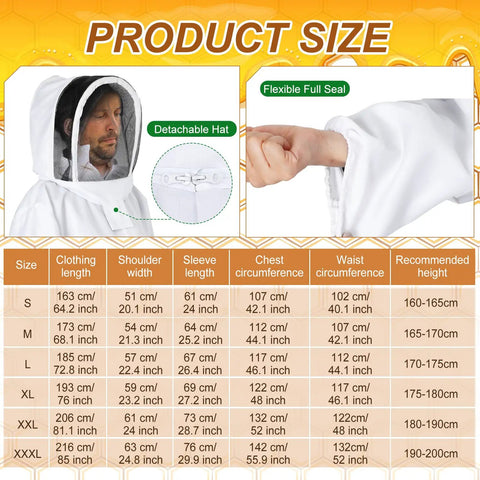 Beekeeping Starter Kit 30 Pcs With Bees Suit Gloves Hive Boxes includes size chart and features like detachable hat