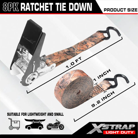 Tough As Nails Camo Ratchet Tie Down Straps Eight Pack One Inch By Ten Feet showing size dimensions of 1 inch by 10 feet.