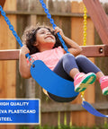 Child playing on a Beefy 66 Inch Heavy Duty Coated Iron Chain Sensory Swing Seat For Kids And Adults Therapy Swing For Outdoor Playgrounds EVA Seat 26 In By 5.5 In Includes Snap Hooks And Hanging Straps Blue 300 Lb Weight Limit in backyard.