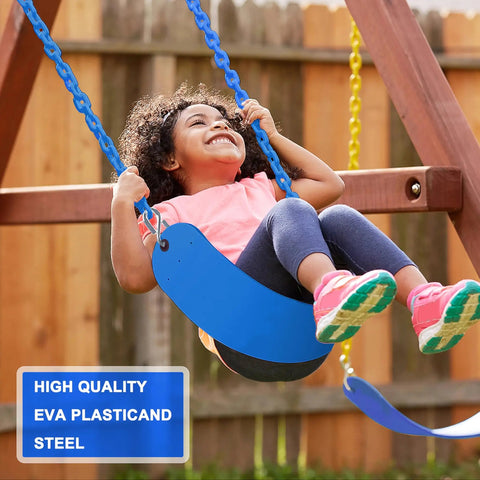 Child playing on a Beefy 66 Inch Heavy Duty Coated Iron Chain Sensory Swing Seat For Kids And Adults Therapy Swing For Outdoor Playgrounds EVA Seat 26 In By 5.5 In Includes Snap Hooks And Hanging Straps Blue 300 Lb Weight Limit in backyard.
