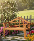 Foldable Outdoor Eucalyptus Wood Bench For Two 49 Inch Wide Two Person Loveseat Heavy Duty Solid Wood Frame With 800 Lb Capacity Space Saving Garden Patio Seating For Deck Porch Poolside And Balcony in garden setting