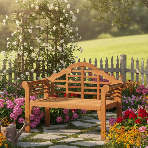 Foldable Outdoor Eucalyptus Wood Bench For Two 49 Inch Wide Two Person Loveseat Heavy Duty Solid Wood Frame With 800 Lb Capacity Space Saving Garden Patio Seating For Deck Porch Poolside And Balcony in garden setting