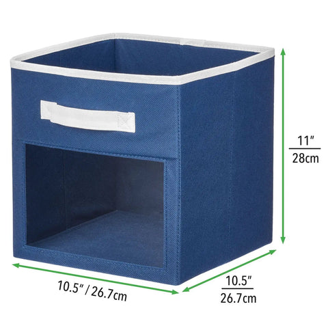 Fabric Nursery Closet Storage Bin Set With Front Handle And Window 6 Pack For Cube Shelving Units Organizes Toys Clothes Diapers Bibs In Gray And White, blue bin with measurements