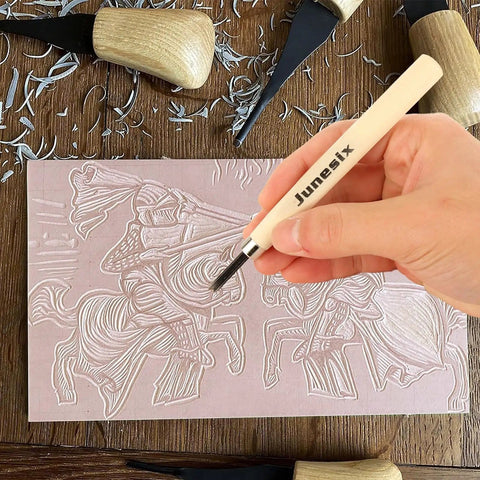 Hand carving design on a linoleum block with wood tools, part of an Eight Piece 4x6 Inch Linoleum Carving Blocks For Printmaking And Rubber Linocut Stamps Kit With Wood Carving Tools And Brayer Roller For DIY Crafts.