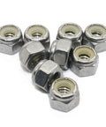 No Sweat 1/4-20 Nylon Insert Hex Lock Nuts 18-8 Stainless Steel Hardware Bulk Pack 50 Count lying on a white surface.