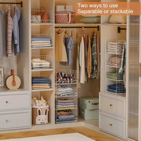 Stackable Closet Organizers And Foldable Storage Baskets Keep Your Wardrobe Looking Slick With These Spacious Clothes Drawer Bins In Fresh White storage view, foldable and stackable bins with clothes.