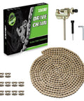 Beefed Up 25H Roller Chain, 10 Feet, 480 Links, Compatible With Razor MX Series Dirt Bikes and tools kit display.