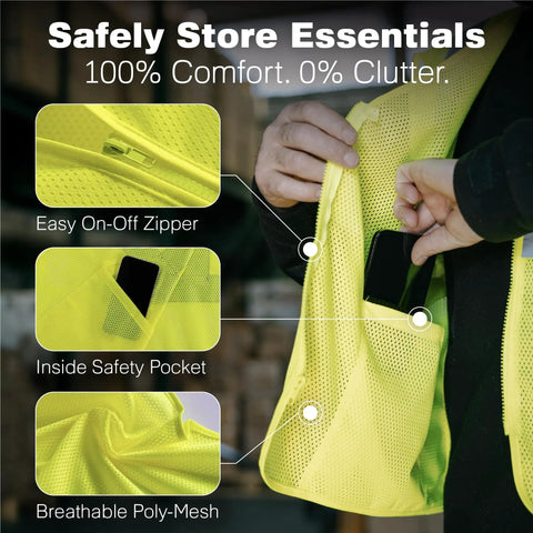 High Visibility Safety Vest Type R Class 2 Ansi Certified Lime Mesh With Secure Zipper And Inside Pocket Bulk Case Of 10 construction gear detail showing easy on-off zipper and inside safety pocket.