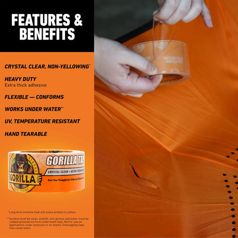 Person using Crystal Clear Heavy Duty Tough As Nails Duct Tape Repair Tape 1.88 Inch By 9 Yard Roll to fix an orange fabric surface.