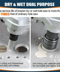 Diamond Hole Saw Kit 13 Piece Set drilling ceramic tile using angle grinder, showing wet and dry dual purpose with water cooling.