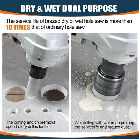 Diamond Hole Saw Kit 13 Piece Set drilling ceramic tile using angle grinder, showing wet and dry dual purpose with water cooling.