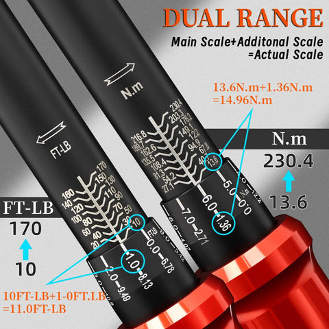 1/2 Inch Drive Torque Wrench With 10 To 170 Ft Lb Range And 13.6 To 230.5 Nm Dual Scale Plus Pro Grade showing dual scales