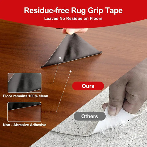 12 Pack Rug Gripper Tape Set For Area Rugs Non Slip Double Sided Carpet Tape Pads demonstration on hardwood and tile surfaces