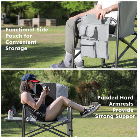 Oversized Directors Camping Chair Set Of 2 Built To Haul 600 Lbs Capacity Heavy Duty Folding Outdoor Chairs with side pouch and armrests