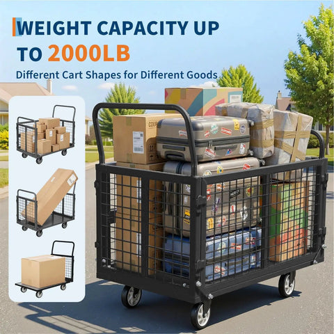 Heavy Duty Platform Cart With Detachable Cage 39 By 24 Inch Hand Truck, 2000 Lbs Capacity, Multi Functional Cage Cart For Warehouse And Luggage Moving, Foldable Fence Design For Easy Storage And Boss Level Versatility. black steel cage cart loaded with boxes and suitcases