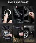 Tire Inflator Portable Air Compressor For Cars Fast Inflation Electric Air Pump With Auto Shut Off And Digital Pressure Gauge, 9.8 Ft Cord, 12V DC Powered, LED Light, Orange shown being used and connected to a car tire.