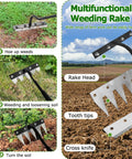 Image of Beefed Up Long Handle Iron Weeding Rake With Thickened 5 Tooth Carbon Steel Head, used for hoeing and soil loosening.