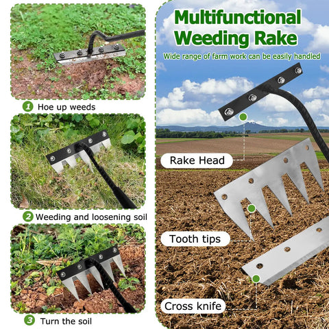 Image of Beefed Up Long Handle Iron Weeding Rake With Thickened 5 Tooth Carbon Steel Head, used for hoeing and soil loosening.