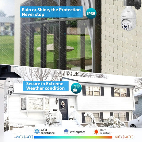 Outdoor Light Bulb Security Camera 2K 4MP Plug And Play, mounted on house wall in extreme weather, showing IP65 waterproof feature.