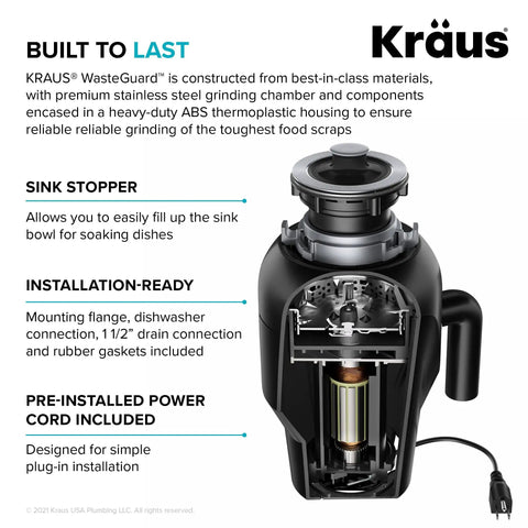 Cross-section of WasteGuard Beefy 3/4 HP Ultra Quiet Garbage Disposal With Quick Connect and included power cord and flange.