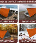 Emergency Survival Tent Mylar Thermal Shelter For 1 Or 2 People in various weather conditions, showcasing versatility.