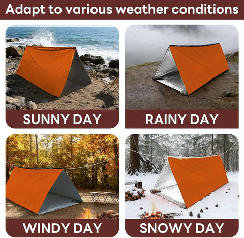 Emergency Survival Tent Mylar Thermal Shelter For 1 Or 2 People in various weather conditions, showcasing versatility.