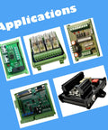 Collage of various PCB applications with DIN rail mounting carrier for 72 73mm wide PCB housing bracket adaptor fits TH35 TH15 and G rails.