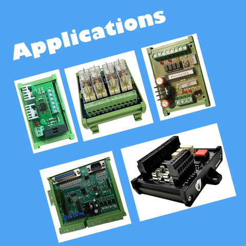 Collage of various PCB applications with DIN rail mounting carrier for 72 73mm wide PCB housing bracket adaptor fits TH35 TH15 and G rails.