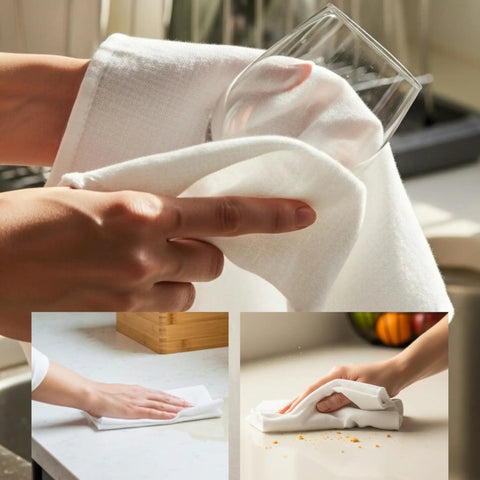 Ultra Thick Cotton Dish Cloths 4 Pack 13x13 Inches, Quick Dry Kitchen Wash Rags shown drying a glass and wiping countertops