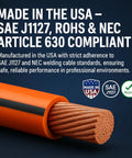 Heavy Duty Two AWG Ultra Flexible Welding Cable 15 Ft Orange with TPE jacket, displaying stranded copper wire and compliance details.