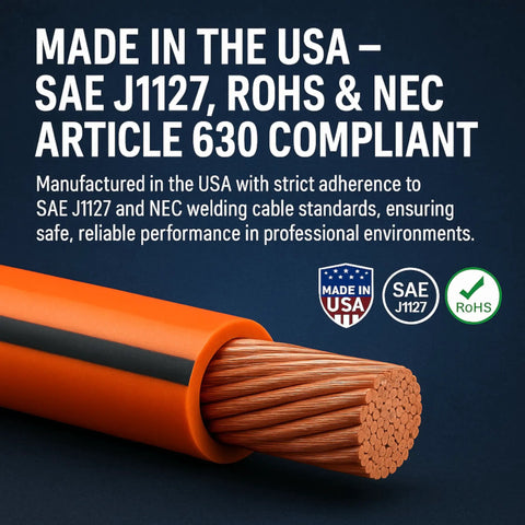 Heavy Duty Two AWG Ultra Flexible Welding Cable 15 Ft Orange with TPE jacket, displaying stranded copper wire and compliance details.