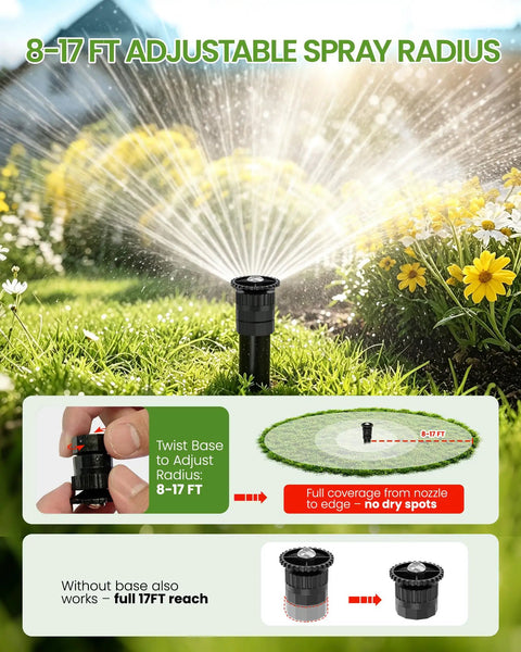 Adjustable Arc Spray Nozzles 8 to 17 Ft Radius Full Coverage Lawn Sprinkler Heads 10 Pack with spray radius demonstration.