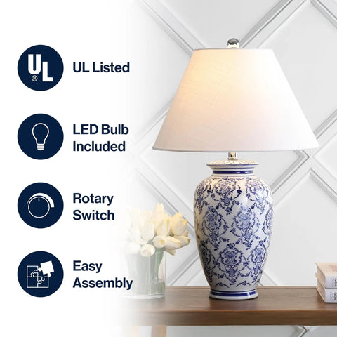 Chinoiserie Blue And White Ceramic Table Lamp With Urn Silhouette, Traditional Asian Inspired Living Room Or Bedroom Lighting