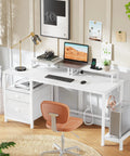 47 Inch Computer Desk With File Cabinet And Built In Power Outlets, USB Chargers, Dual Monitor Stands, Storage Drawer, Shelves And Hooks