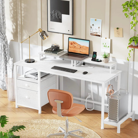 47 Inch Computer Desk With File Cabinet And Built In Power Outlets, USB Chargers, Dual Monitor Stands, Storage Drawer, Shelves And Hooks